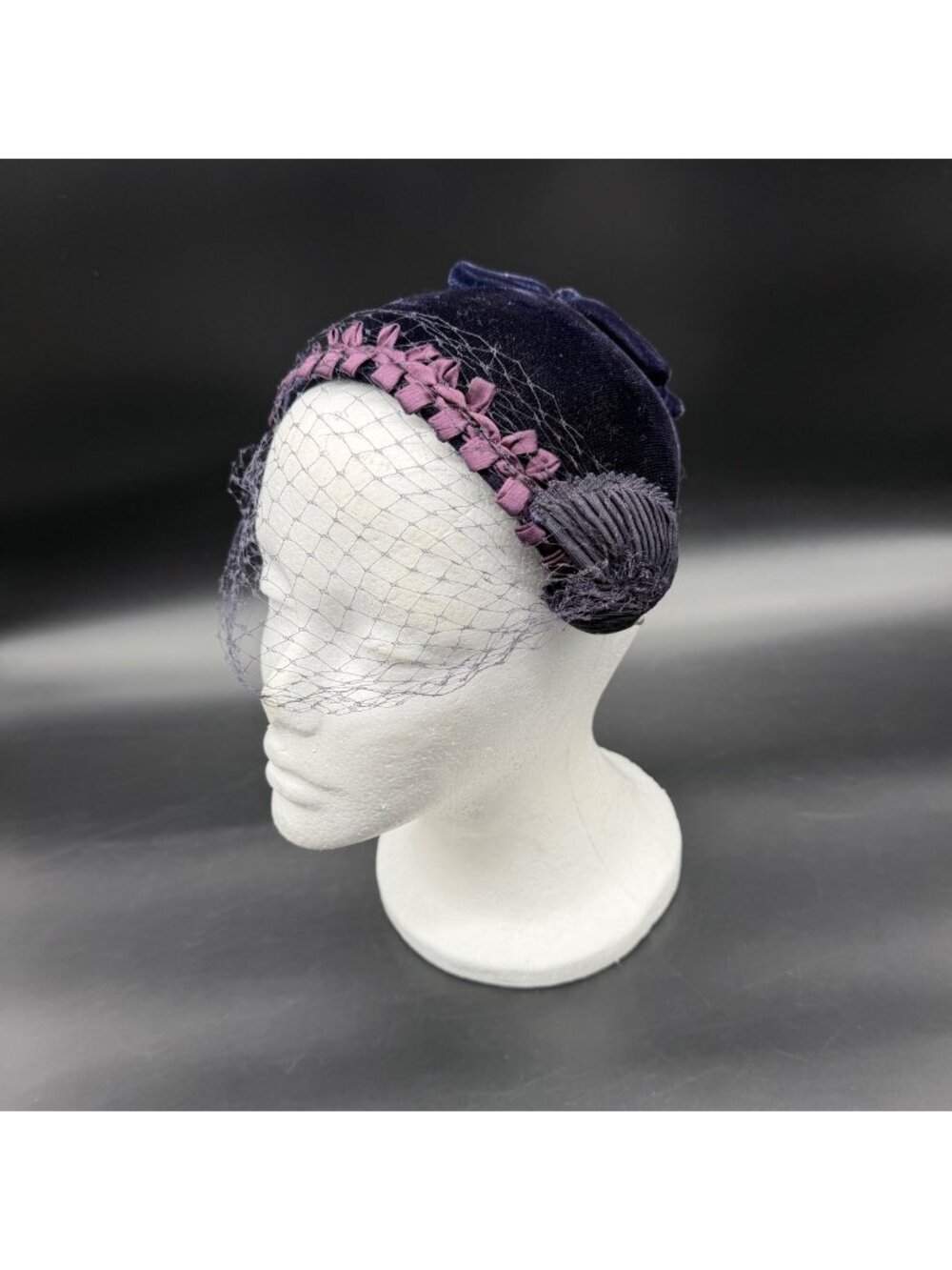 Vintage Navy Blue Velvet Fascinator Hat Purple Bows Netting Veil Mid Century
